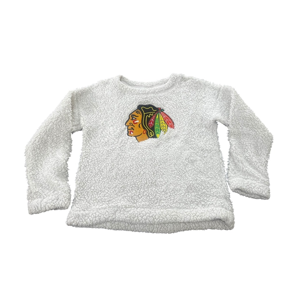 Chicago Blackhawks Sherpa Pullover Girls Large Cream Cozy Metallic Accent Hockey